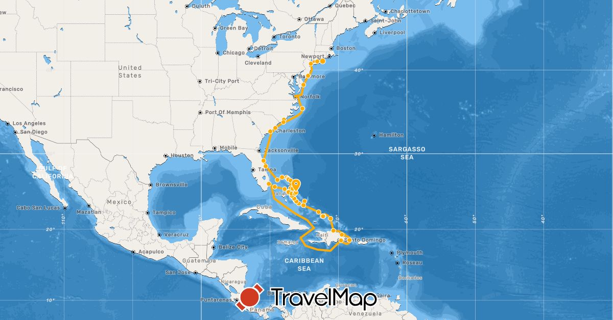 TravelMap itinerary: driving, summer wind adventures 2017 in Bahamas, Dominican Republic, Turks and Caicos Islands, United States (North America)